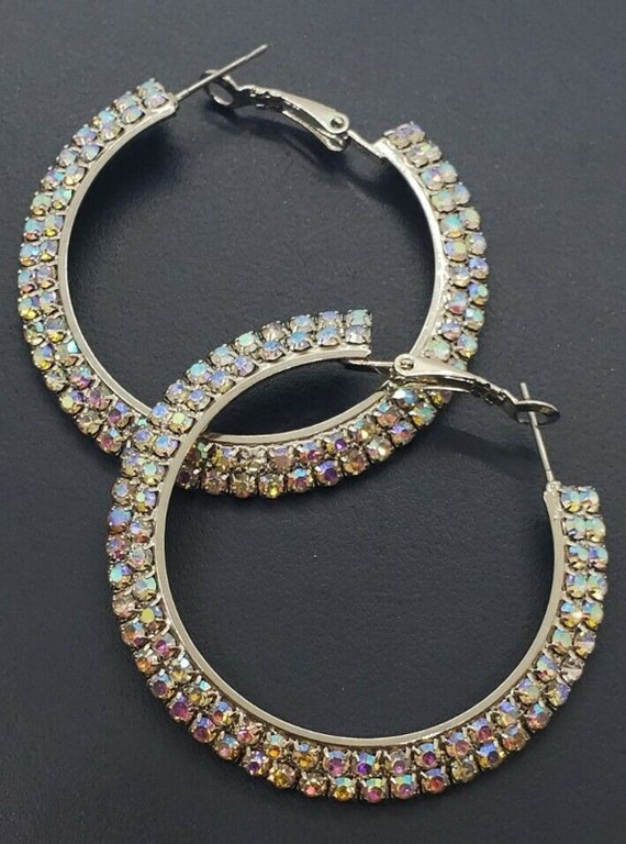 Big Hoop Earrings AB Rhinestones Silver Metal Mob… - image 5