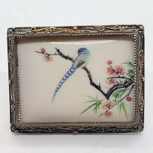 Vintage Antique Brooch Asian Painted Bird in Silver Filigree Frame Floral