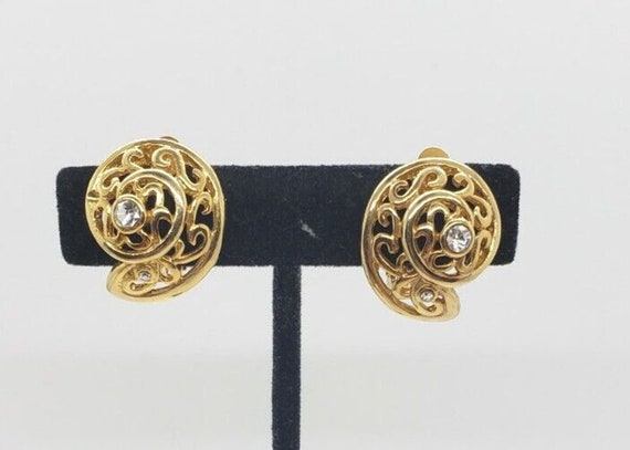 Vintage Earrings Gold Filigree Snail Shell & Rhin… - image 3