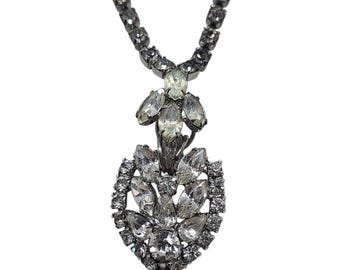 Vintage Rhinestone Drop Pendant Necklace Silver Tone Crystal Statement Sparkle