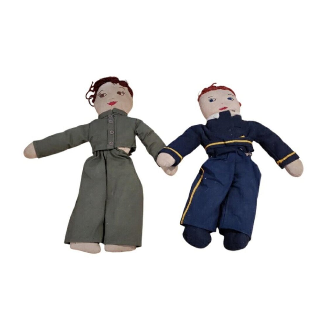 Pair 2 Vintage WWII Era Soft Body Military Army Navy Rag Dolls Officer