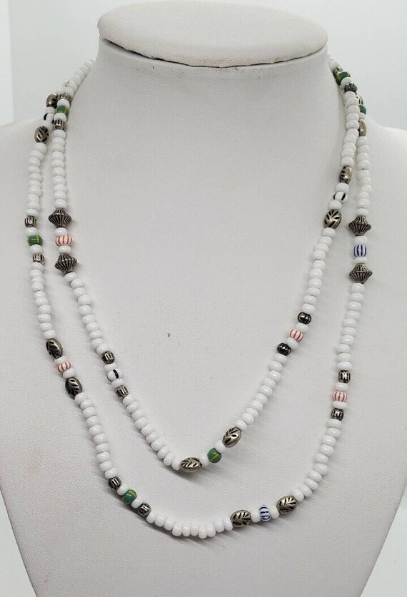African Trade Bead Glass Vintage Necklace White M… - image 2