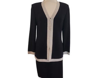 St. John Evening Skirt Suit Womens 8 Black Silver Rhinestone Trim 2 Piece Set