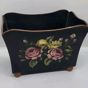 Vintage Toleware Hand Painted Roses Black Jardiniere Cache Pot Decor Vanity