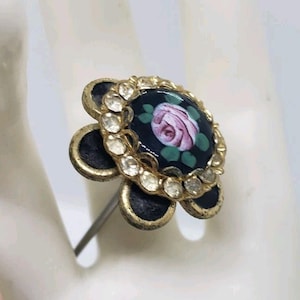 antique guilloche hatpin with enamel roses and rhinestones approx 8 inch long vintage floral hat pin collectible victorian accessory