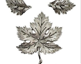 Alfred Philippe Crown Trifari Leaf Brooch Earrings Orig Set Silver Rare Vintage