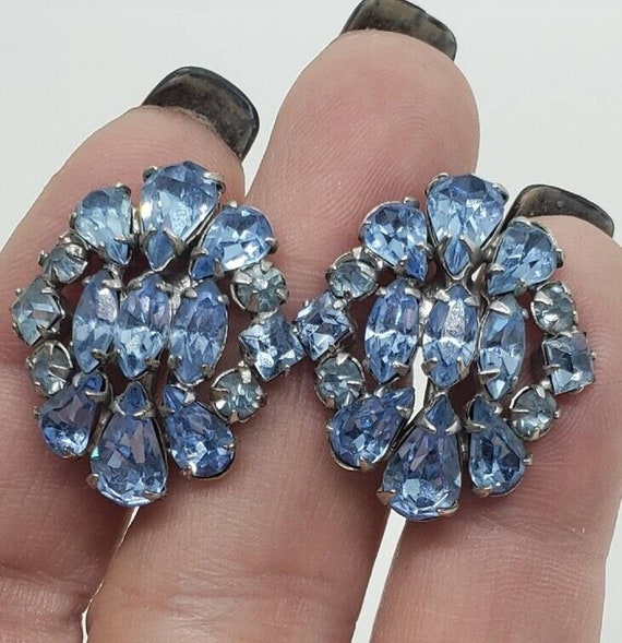 Vintage Earrings Rhinestone Baby Blue Rhodium Pla… - image 1