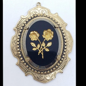 Vintage Antique French Black Glass Mourning Pendant Gold Roses Reverse Carved