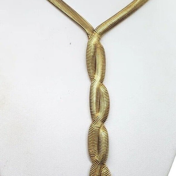 Vintage Gold Mesh Necklace Long Lariat Front Twist Braided Crossover Monet Rare