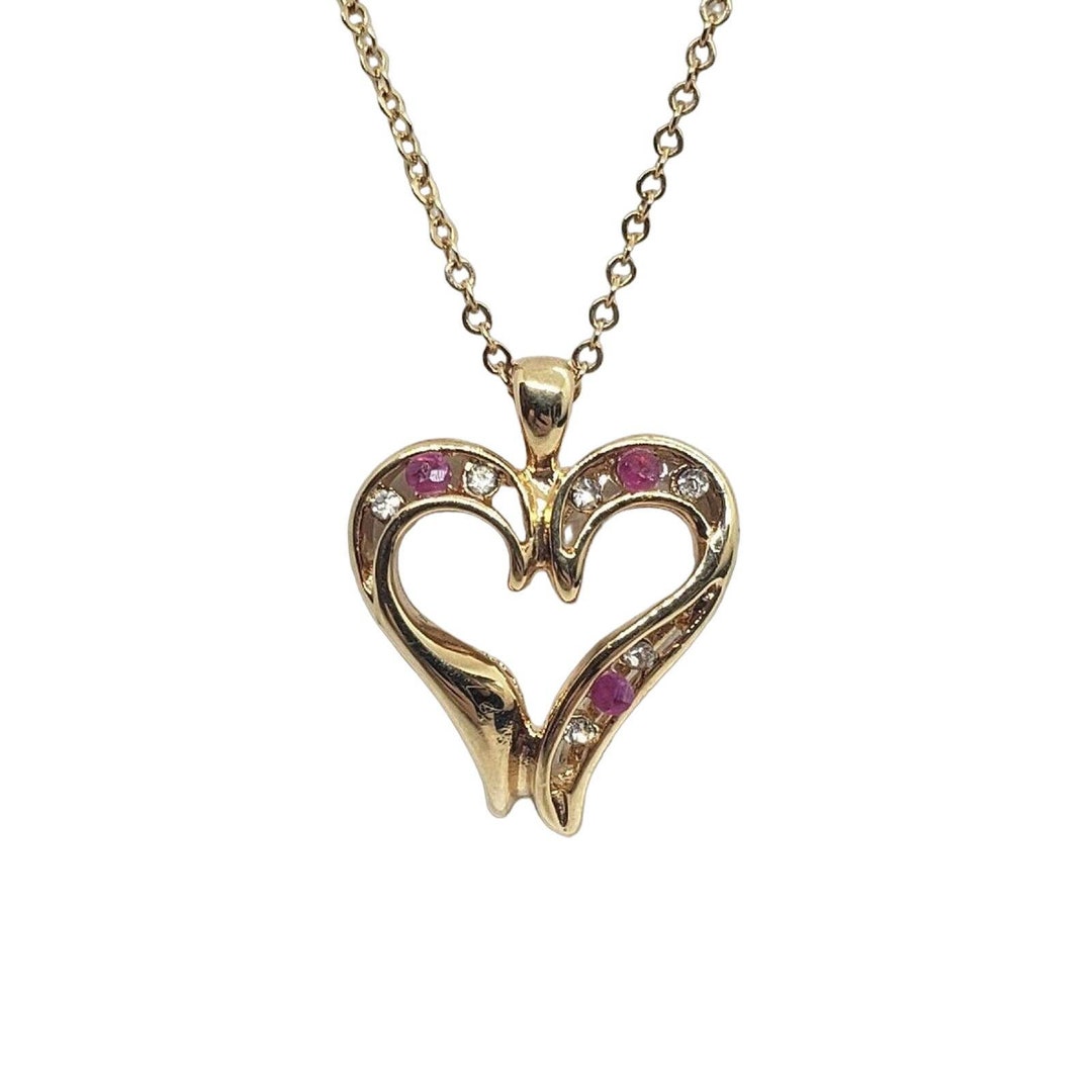 Ruby CZ Large Heart Pendant Necklace 14K Gold EP & Chain Sweetheart
