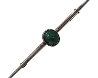 Antique Long Bar Brooch Pin Sterling Silver Jade Cabochon Tie Suite Collar Hat