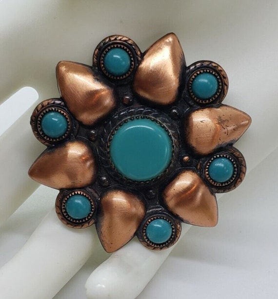 Vintage MCM Solid Copper & Turquoise Star Sun Broo