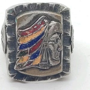 Vintage Biker Ring 40s 50s Enameled Indian Chief Mayan Aztec Mexico Sz 11.5