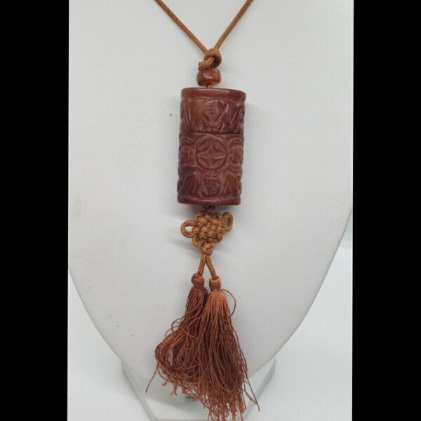 Vintage Inro Hand Carved Box Dyed Gemstone Necklace Japanese