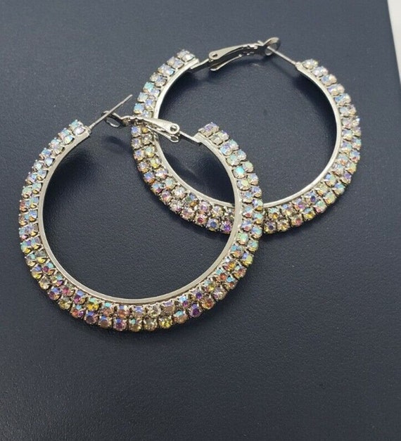 Big Hoop Earrings AB Rhinestones Silver Metal Mob… - image 3