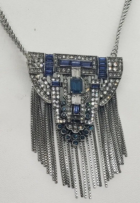 Art Deco Style Blue Rhinestone Fringe Necklace Ope