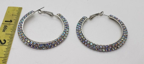 Big Hoop Earrings AB Rhinestones Silver Metal Mob… - image 6