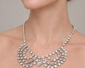 Vintage Necklace Rhinestone Double Swoop Scallop Collar Art Deco 1940s Bib