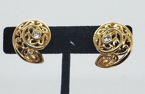 Vintage Earrings Gold Filigree Snail Shell & Rhin… - image 1