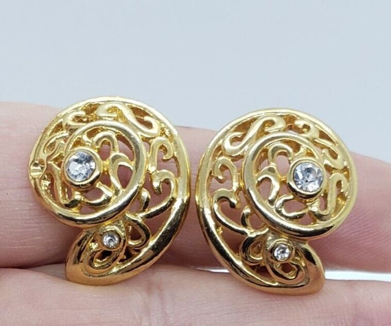 Vintage Earrings Gold Filigree Snail Shell & Rhin… - image 2