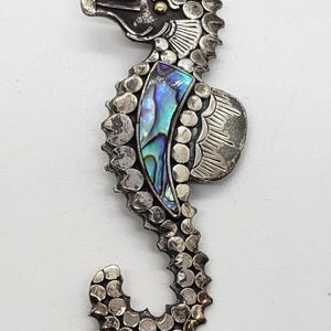 Vintage Brooch Seahorse Sterling Silver & Abalone Big Size Detailed Mexico