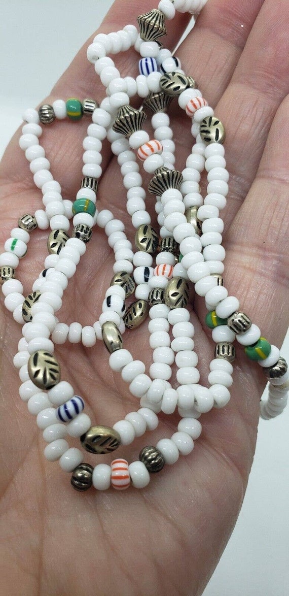 African Trade Bead Glass Vintage Necklace White M… - image 1