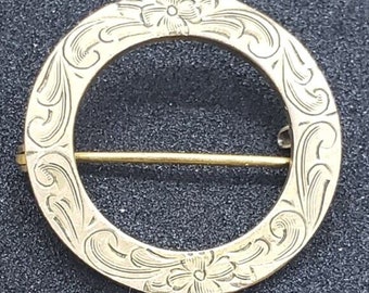 Vintage Antique Brooch Floral Etched Circle Pin 10k Gold Electroplate Art Deco