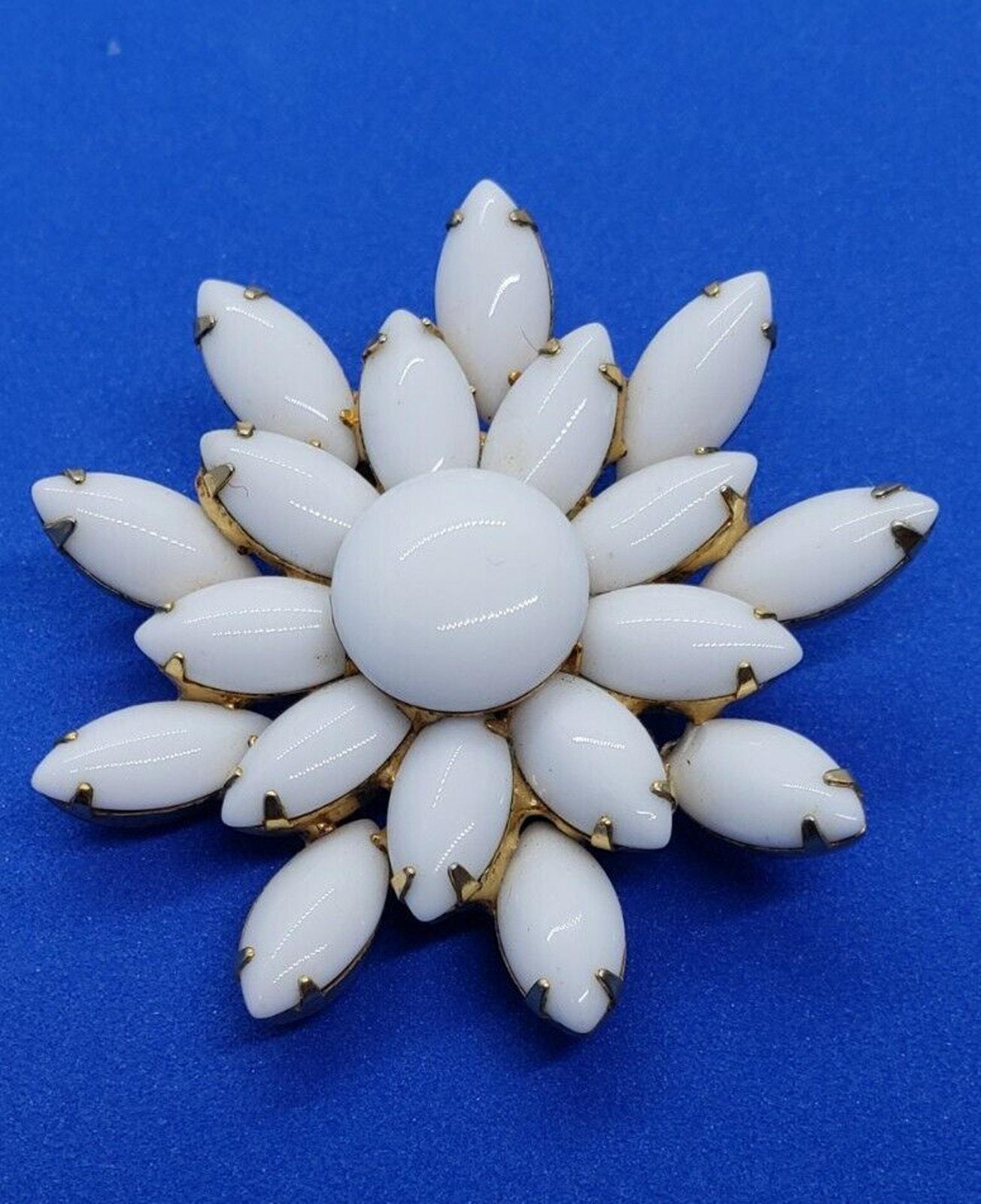 vintage white milkglass brooch milk glass layered 3d flower gold juliana style retro costume jewelry collectible gift for her