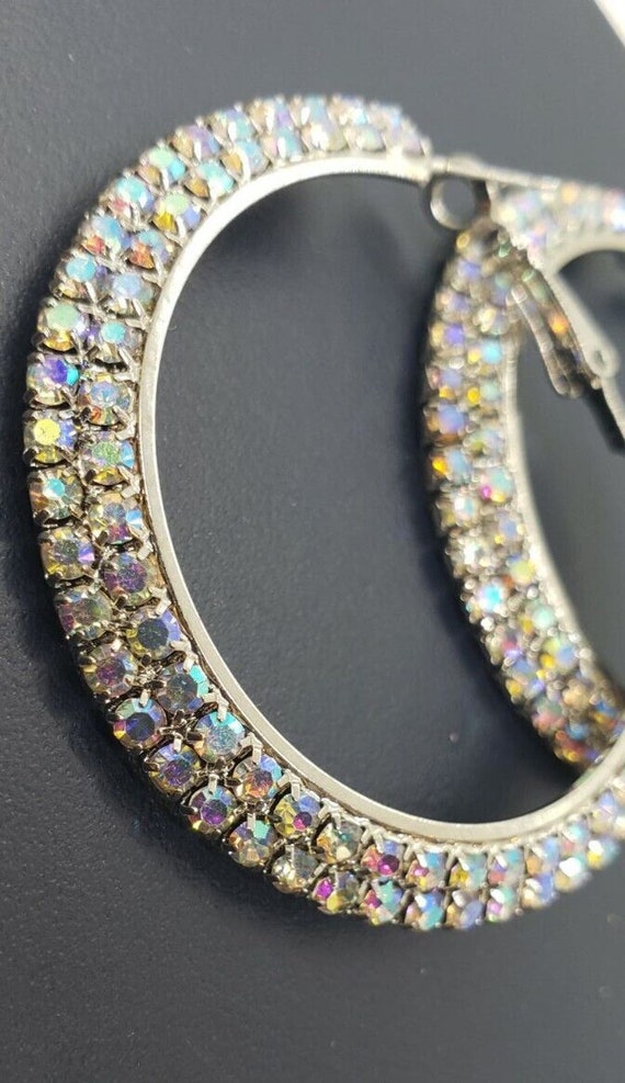 Big Hoop Earrings AB Rhinestones Silver Metal Mob… - image 2