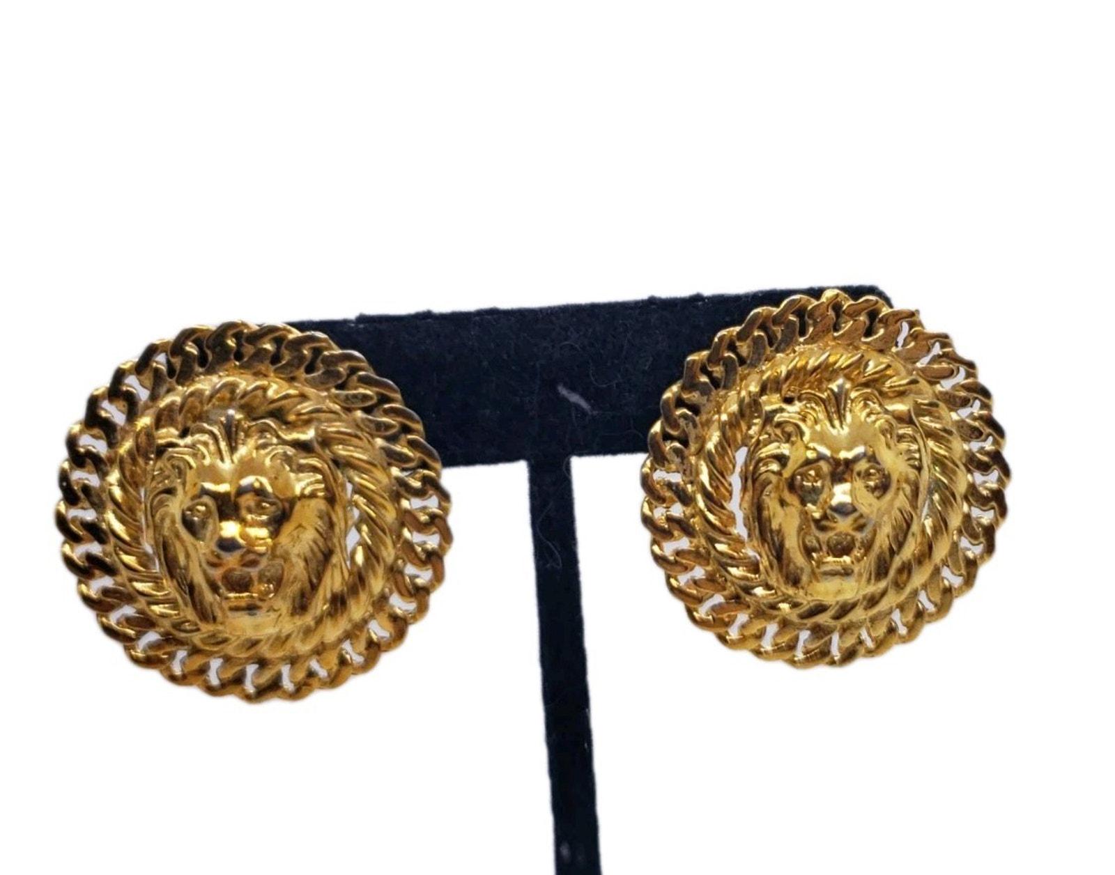 Vintage Earrings Lions Head Clip On Gold Plated Pierced 1980s Fierce Cat Lioness