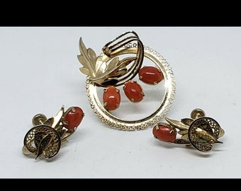 Vintage De Curtis 14K GOLD EP Coral Brooch Screw Earrings Set Filigree Rare