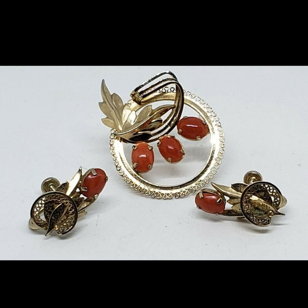 Vintage De Curtis 14K GOLD EP Coral Brooch Screw Earrings Set Filigree Rare