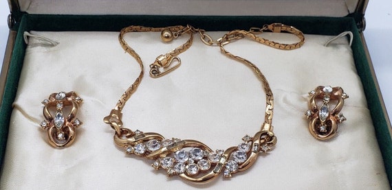 Vintage Gold Necklace Choker Earrings Rhinestone … - image 2