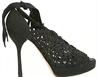 Emporio Armani Black Lace-Up Stiletto Heels – Woven Cage Platform Sandals (EU 39) US 8 or 8.5