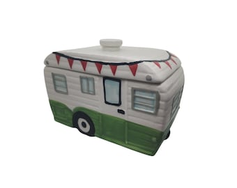 World Market Camper Cookie Jar Ceramic RV Trailer Green White Camping Decor