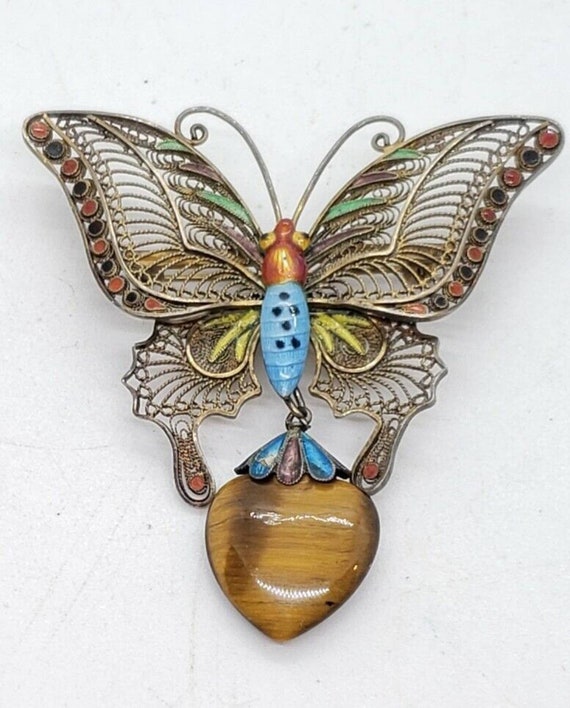 Vintage BIG Butterfly Brooch Silver Filigree Enam… - image 1