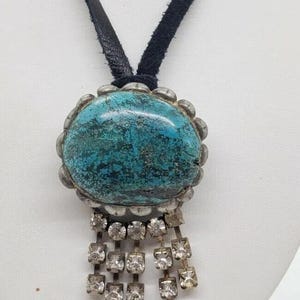 Vintage Necklace Artisan Made Huge Chunky Turquoise & Rhinestones Primitive