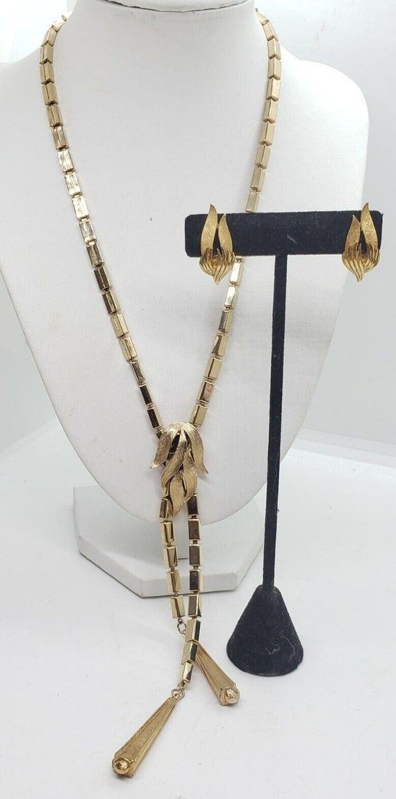 Vtg Gold Box Link Chain Necklace Earrings Faux Sli