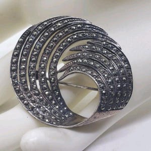 Vintage Brooch Art Deco 925 Sterling Silver True Marcasite Swirled