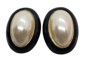 Vintage Clip Earrings Big Faux Pearl Black & Gold Accent Luxury Clip GJD 1987 Classic Iconic