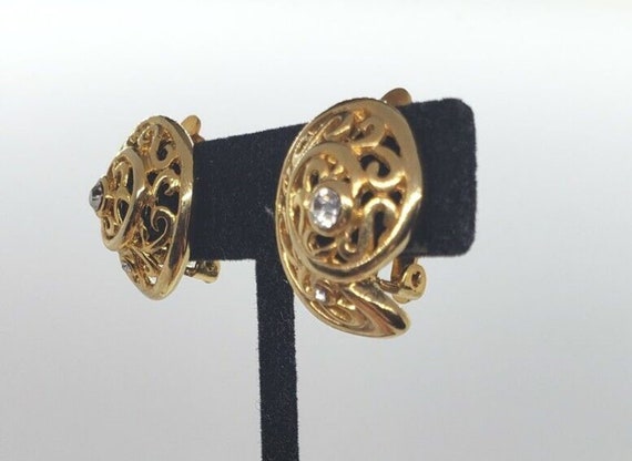 Vintage Earrings Gold Filigree Snail Shell & Rhin… - image 4