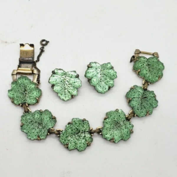 Vintage Bracelet Earrings Set Leaf Leaves Link 1950s Molded Glass Judy Lee