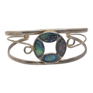 Vintage Sterling Silver Cuff Bracelet Abalone Shell Inlay Open Bangle Mexico Artisan Jewelry Gift