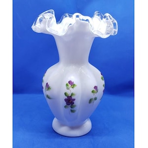 Vintage Fenton Vase Hand Painted Floral Ruffled Edge 7&quot; Art Glass Violets