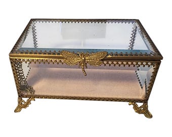 Rachel Ashwell Glass Jewelry Box Dragonfly Gold Trinket Display Shabby Chic