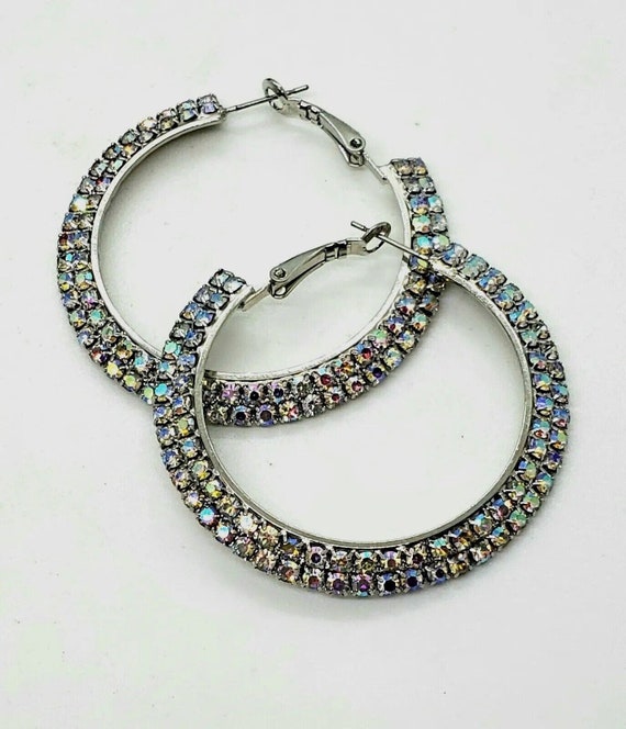 Big Hoop Earrings AB Rhinestones Silver Metal Mob… - image 1