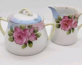 Vintage Cream & Sugar Roses 1940s Japan Hand Painted Coffee Tea Set Gold Trim