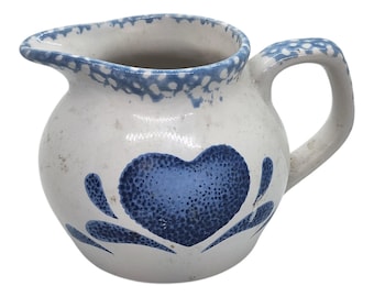 Vintage Blue Heart Stoneware Creamer Pitcher White Spongeware Country Farmhouse