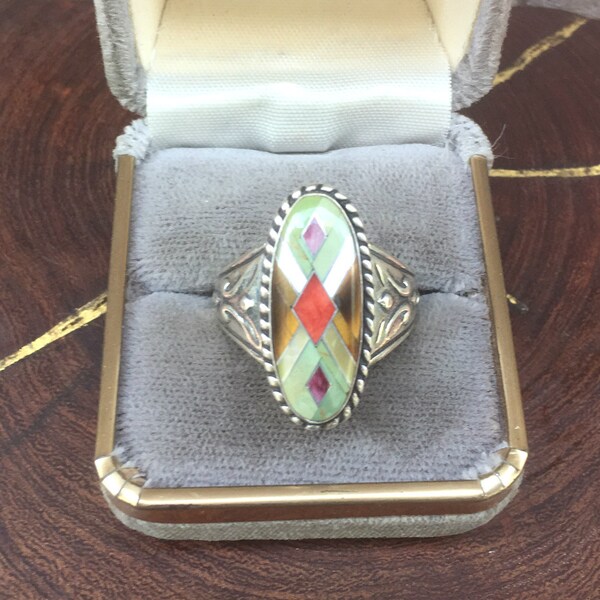 Carolyn Pollack Jewelry Vintage Inlay Ring Size 9 1/4 Southwestern Ring with Sugilite, Spiny Oyster, MOP, Variscite  and Tiger's Eye Relios