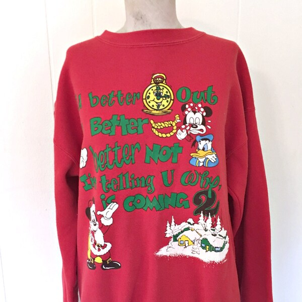 80's Mickey Mouse Christmas Sweatshirt in Red Women's Large Disney Top Mickey and Donald,